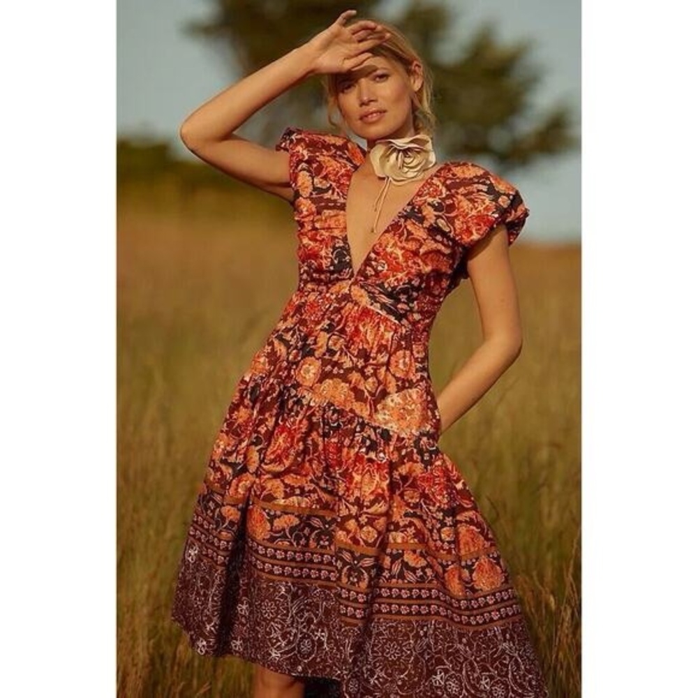Anthropologie Floral Cotton Midi Babydoll Red Motif V Neck Dress
